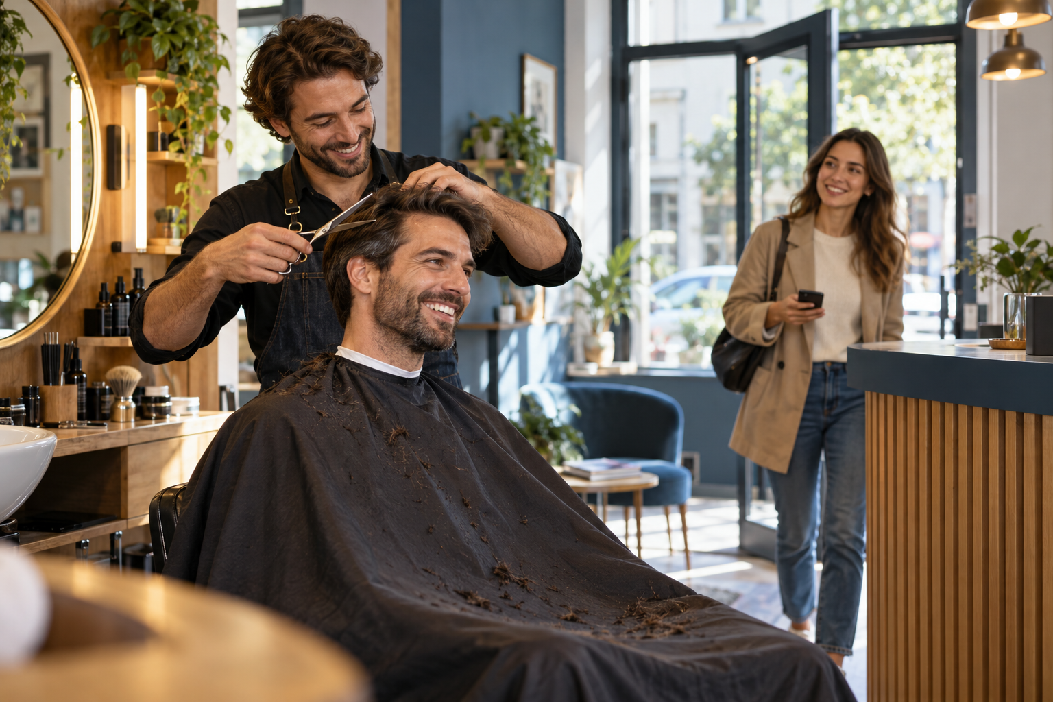 Kurgusal berber salonunda müşterisini karşılayan ekip